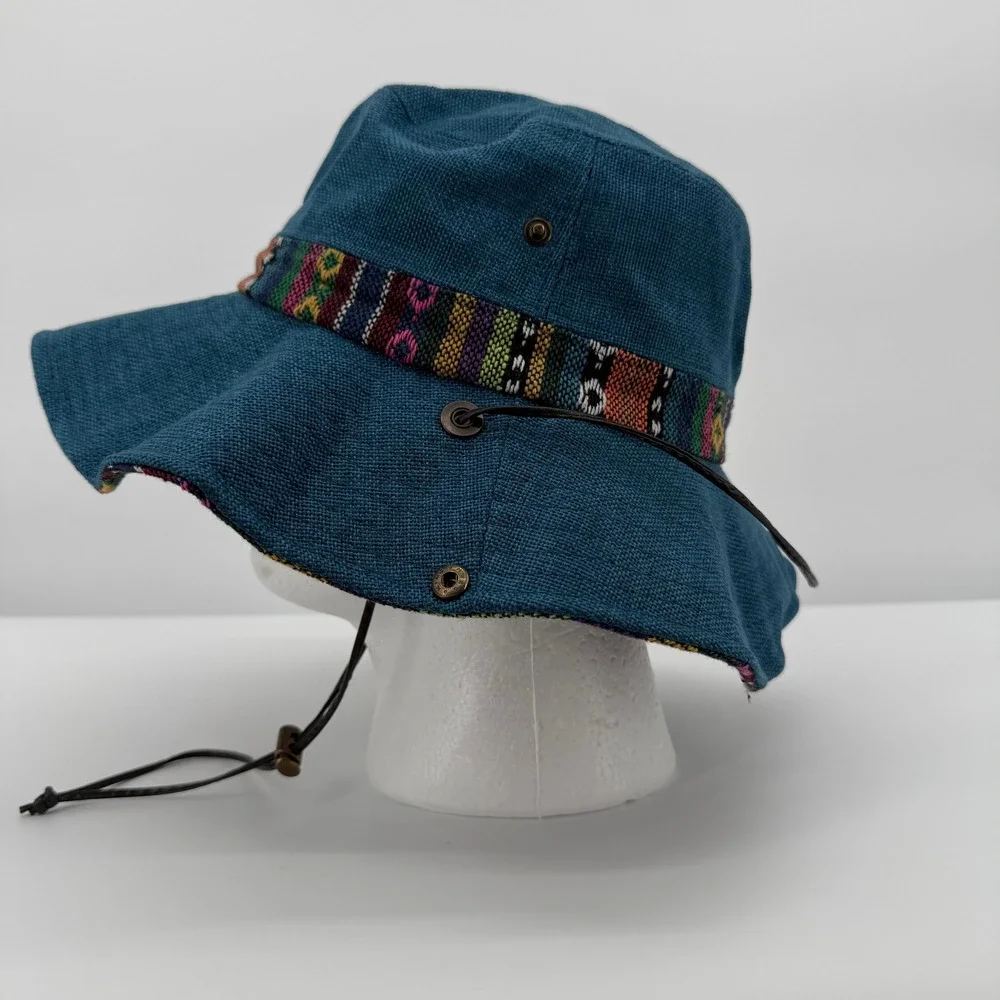 Sun Hat Women One Size Teal Blue Woven Tribal Band Chin Strap Outback